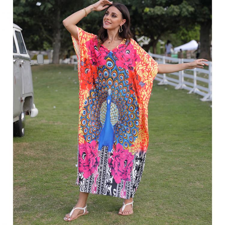 all in one place בגדי נשים New Bohemian Dress Print Peacock Beach Cover up Plus size Robe De Plage Women Maxi Dress  Beachwear Swimsuit Cover up Sarong