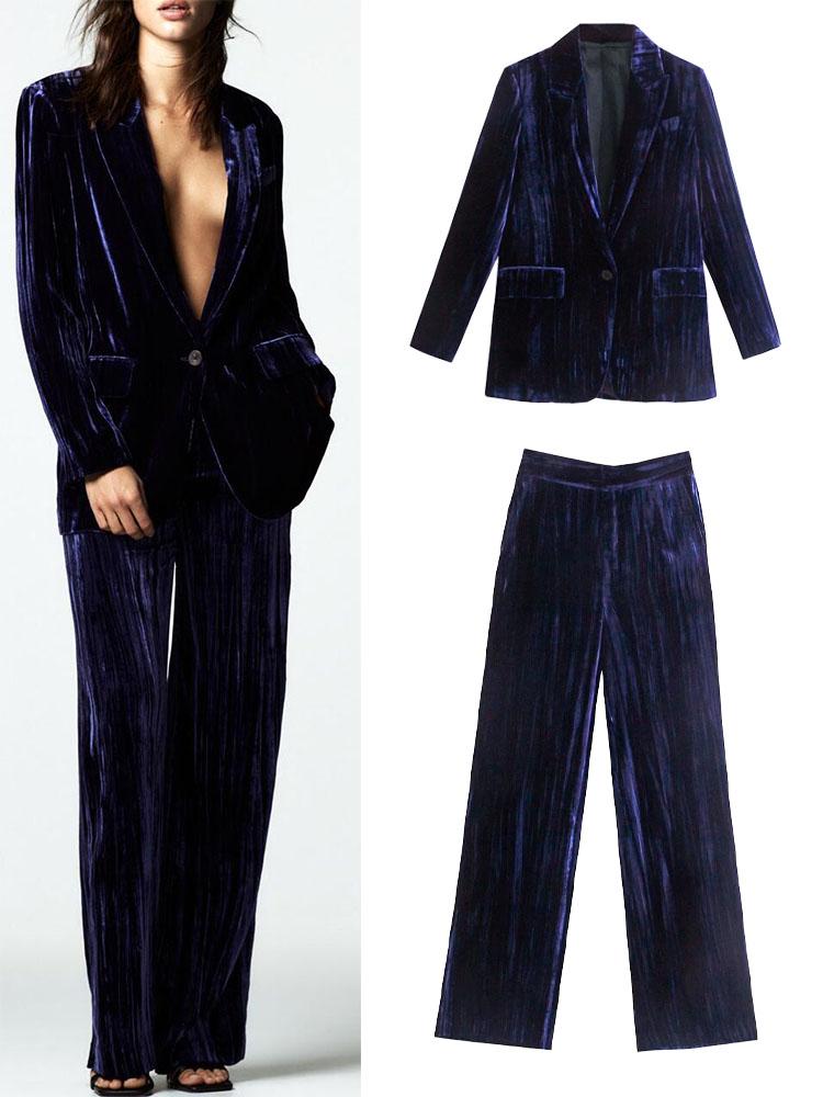 all in one place בגדי נשים ZA high-quality new women's temperament lapel velvet suit jacket + velvet casual straight wide-leg pants drape trousers