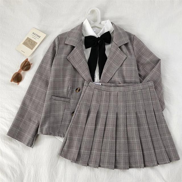 all in one place בגדי נשים Women suit New Korean pleated plaid skirt suit coat solid lace up shirt student suit women skirt jackets women suit blazer