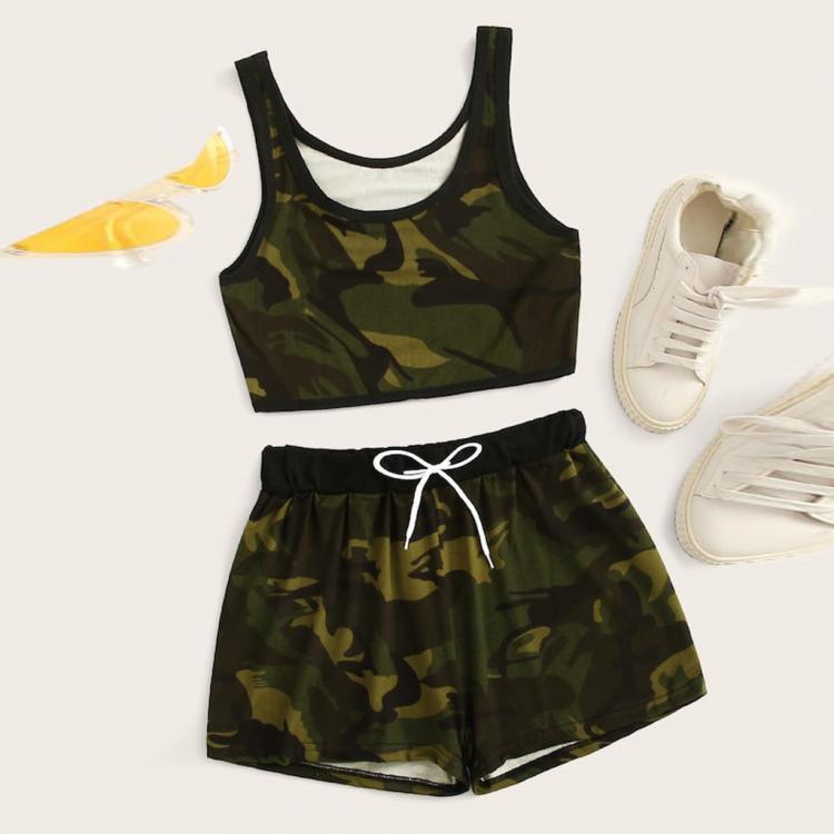 all in one place בגדי נשים Camouflage Tank Top 2 Piece Set Women Drawstring Short Pants Women Tracksuit O-Neck Women Sports Suit