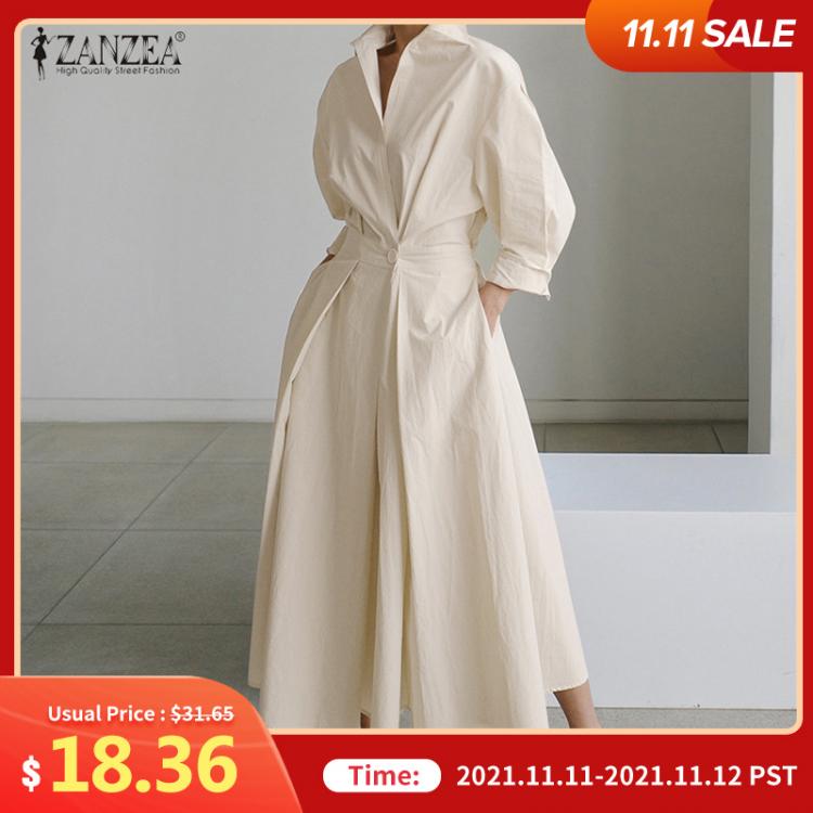 all in one place בגדי נשים Oversized Elegant Women Autumn Sundress ZANZEA Fashion Lapel Neck Long Sleeve Solid Long Shirt Dress OL Vestidos Robe Femme