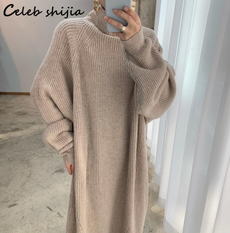 all in one place בגדי נשים Retro Turtleneck Woolen Dress for Women Thicken Striped Autumn 2021 Oversized Long Knit Dresses Female Winter Sweater Clothing