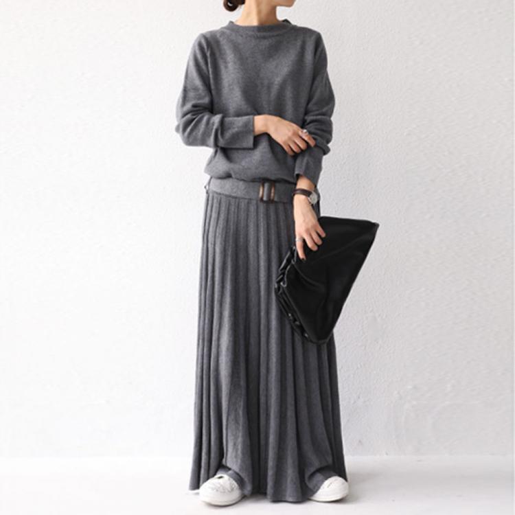 all in one place בגדי נשים Winter Pleated Dress Long Sleeve Korean Japanese Style Women Elegant Knitted Pullover Maxi Sweater Dresses One-Piece With Belt