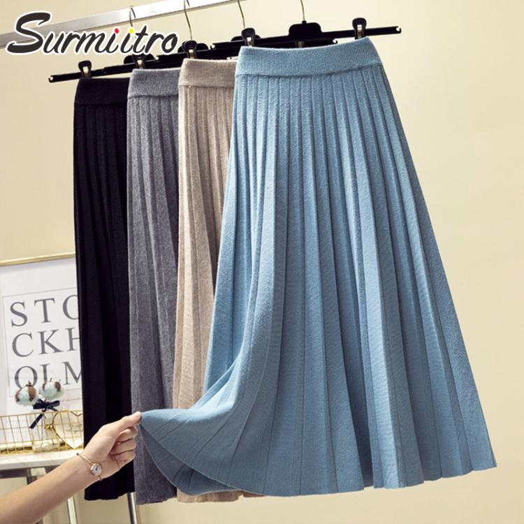 all in one place בגדי נשים SURMIITRO 2021 Fashion Autumn Winter Knitted Midi Long Pleated Skirt Women Korean Style Blue Mid-Length High Waist Skirt Female