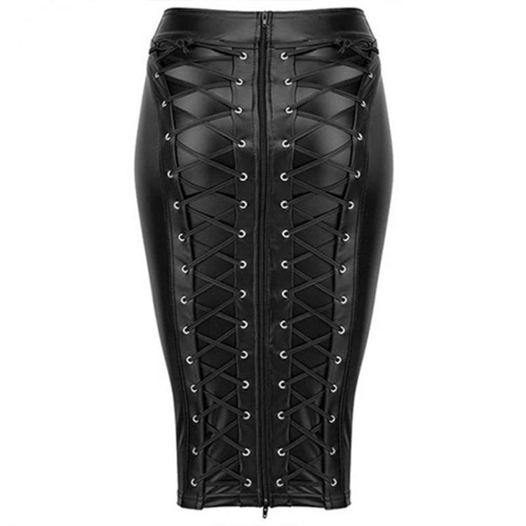 all in one place בגדי נשים Womens Knee Length Wet Look Stretch Black PU Leather Skirt 2021 Back Lace Up Zipper Bandage Bodycon Faux Leather Skirts Ladies