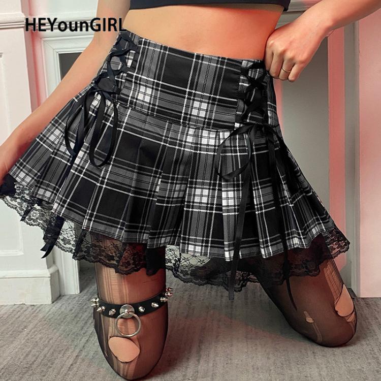 all in one place בגדי נשים HEYounGIRL Tie Up Harajuku Gothic Checkered Mini Skirt Ladies  Fashion Aesthetic Punk Plaid Pleated High Waisted Short Skirt