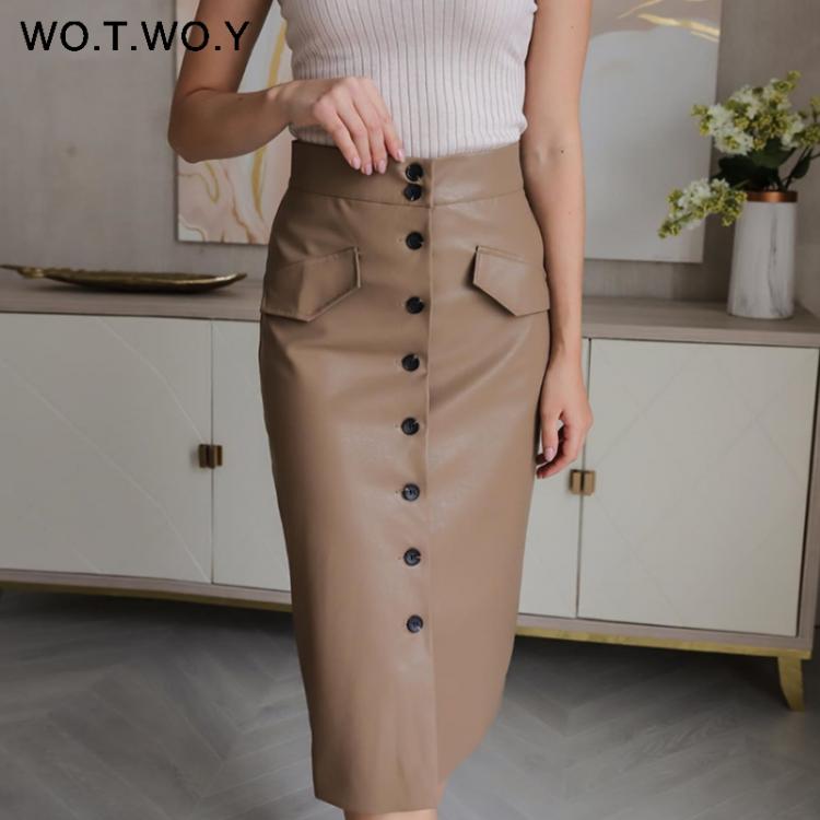 all in one place בגדי נשים WOTWOY Elengant High Waist Leather Penci Skirt Women Multi Button Wrapped Skirts Mujer Faldas Solid Pockets Femme Jupes New 2021