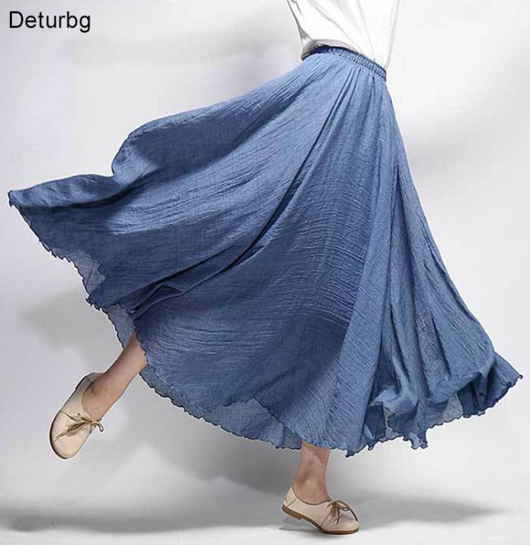 all in one place בגדי נשים Women's Elegant High Waist Linen Maxi Skirt 2021 Summer Ladies Casual Elastic Waist 2 Layers Skirts saia feminina 20 Colors S