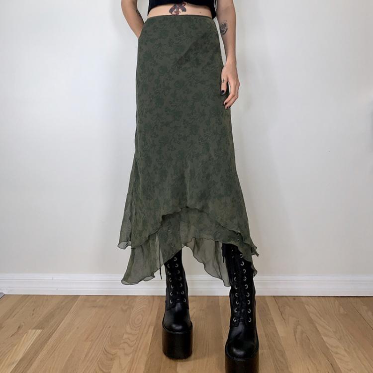 all in one place בגדי נשים Fairycore Grunge Green Irregular Midi Skirts 2000s Retro Elegant Lady High Waist Ruffles Chiffon Skirt Women Vintage Streetwear
