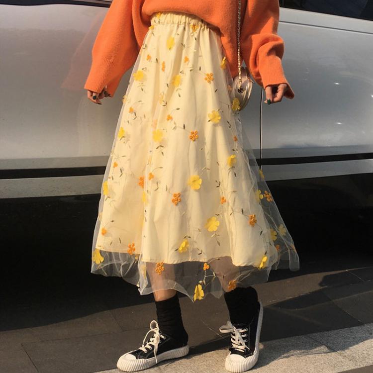 all in one place בגדי נשים Yellow 3D Flower Lace Skrit Women High Waist Mesh Long Skrit Female elegant Midi tulle skirt Sweet Cute Student School Wear saia
