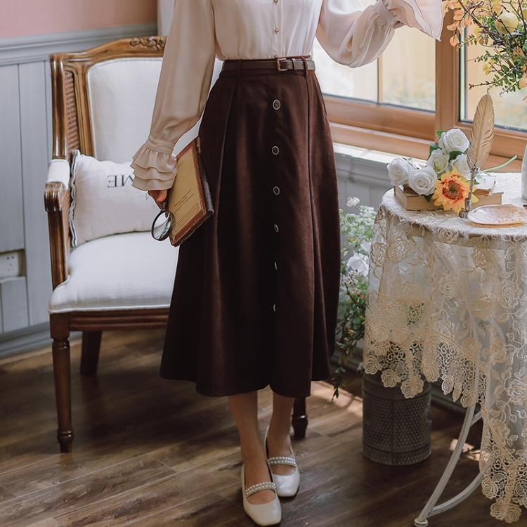 all in one place בגדי נשים Fall 2021 Japan Style Sweet Women's Skirt Winter Casual Elastic Waist Single Breasted A-Line Pleated Skirt With Belt Black Br