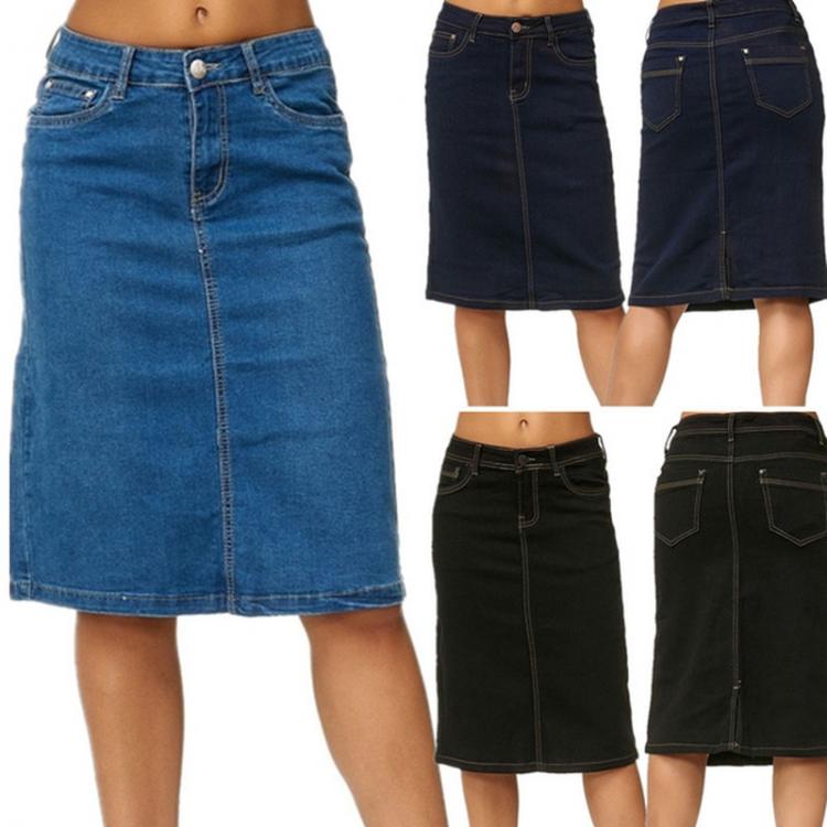 all in one place בגדי נשים Denim Skirt Women Fashion Casaul Stretch Knee Length Washed Denim Blue Skirts Plus Size Pockets Pure Color Office Female Skirts