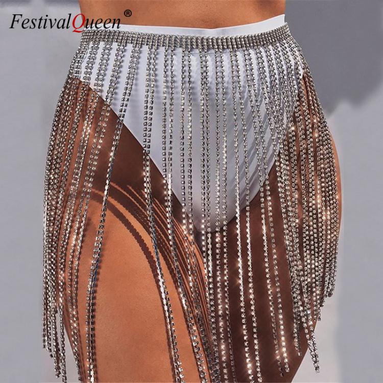 all in one place בגדי נשים Glitter Rhinestone Long Tassel Skirts Gold Silver Crystal Diamonds Loose Adjustable Sexy Women Summer Beach Bikini Mini Skirt