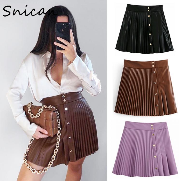 all in one place בגדי נשים snican solid pu leather skirt high waist buttons sexy mini pleated skirt Asymmetrical fashion faldas cortas za 2020 women autumn