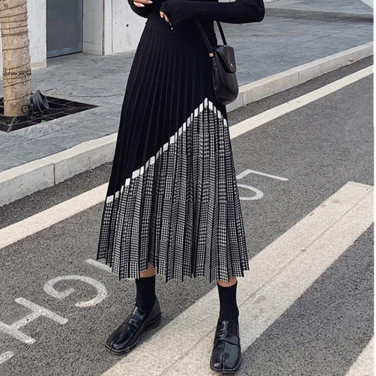 all in one place בגדי נשים ZAWFL 2021 Winter Women's Fashion Houndstooth Midi Skirt Female High Waist Pleated Knitted Thick Black Warm Skirts