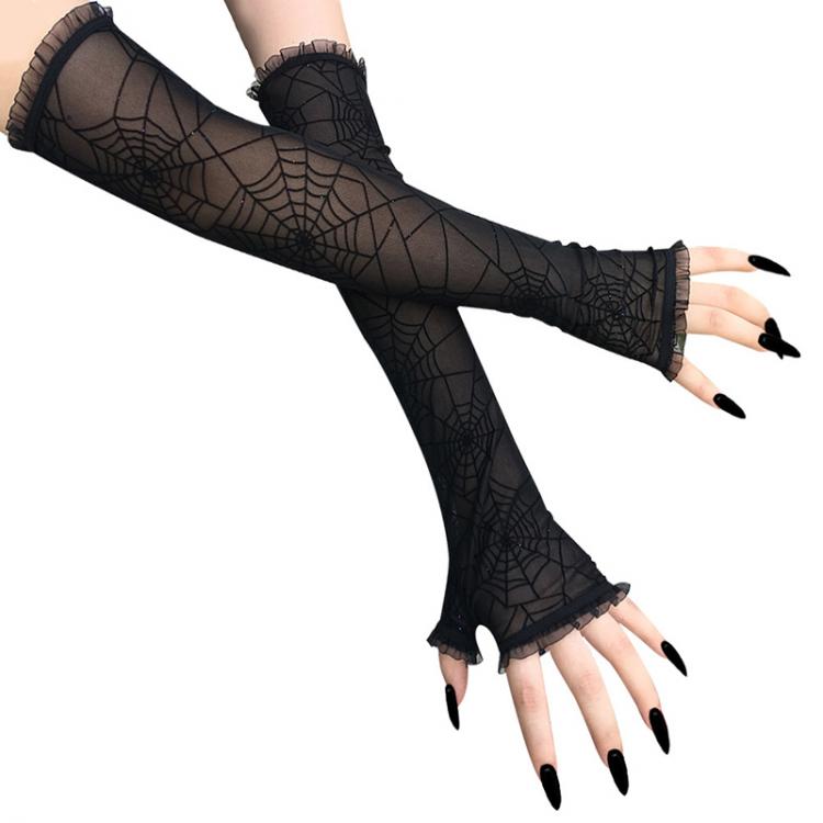 all in one place אביזרי נשים Women Long Gloves Sunscreen Bands Spider Web Pattern Half Finger Mesh Gloves Cosplay Performance Black Fashion Sexy Arm Sleeves