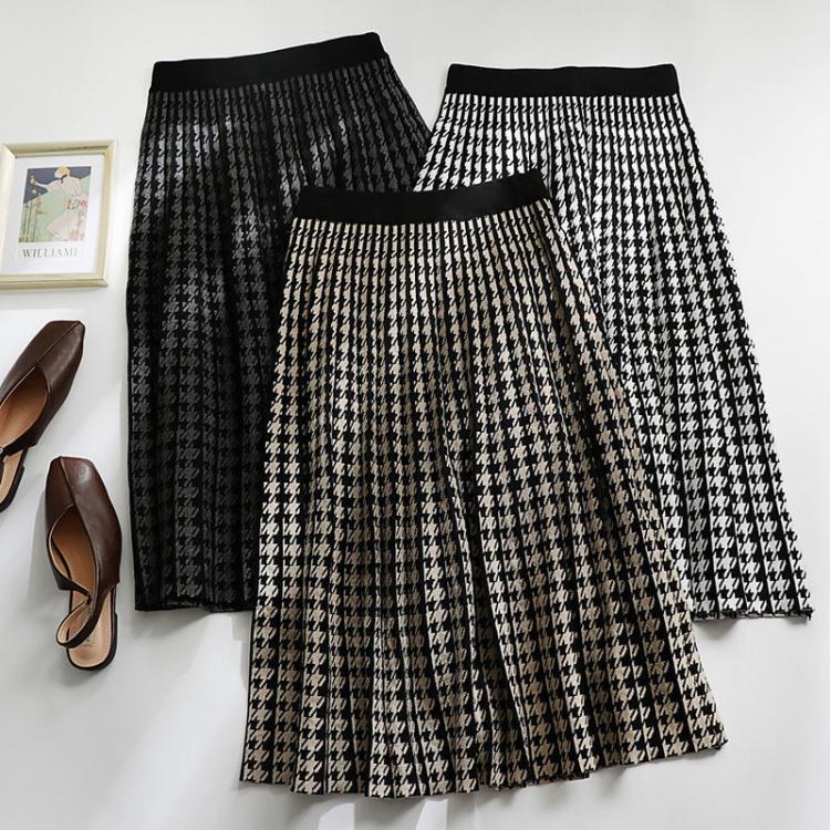 all in one place בגדי נשים Women Skirt Plaid Knitted Midi Skirt A-Line High Waist Elegant Pleated Skirt Spring Autumn Winter faldas femme jupes