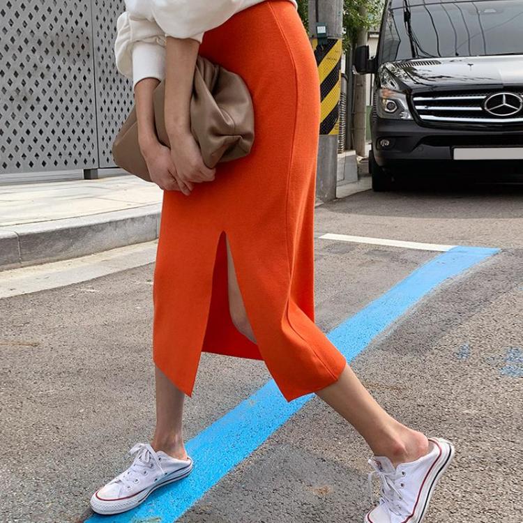 all in one place בגדי נשים Orange Knitted Skirts Women Elastic Waist Split Pencil Skirt Korean Casual Bodycorn Long Midi Skirt Sweet Vintage Elegant X049