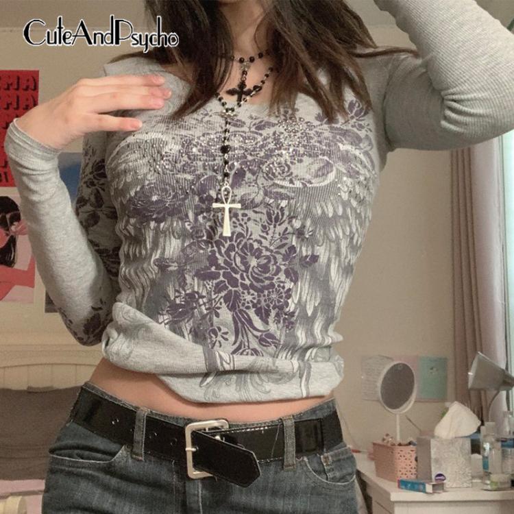 all in one place בגדי נשים Retro  Grunge Tshirts Fairycore Harajuku Graphic Print Gray Cute Casual Tshirts Streetwear Dark Academia Tops Cuteandpsycho