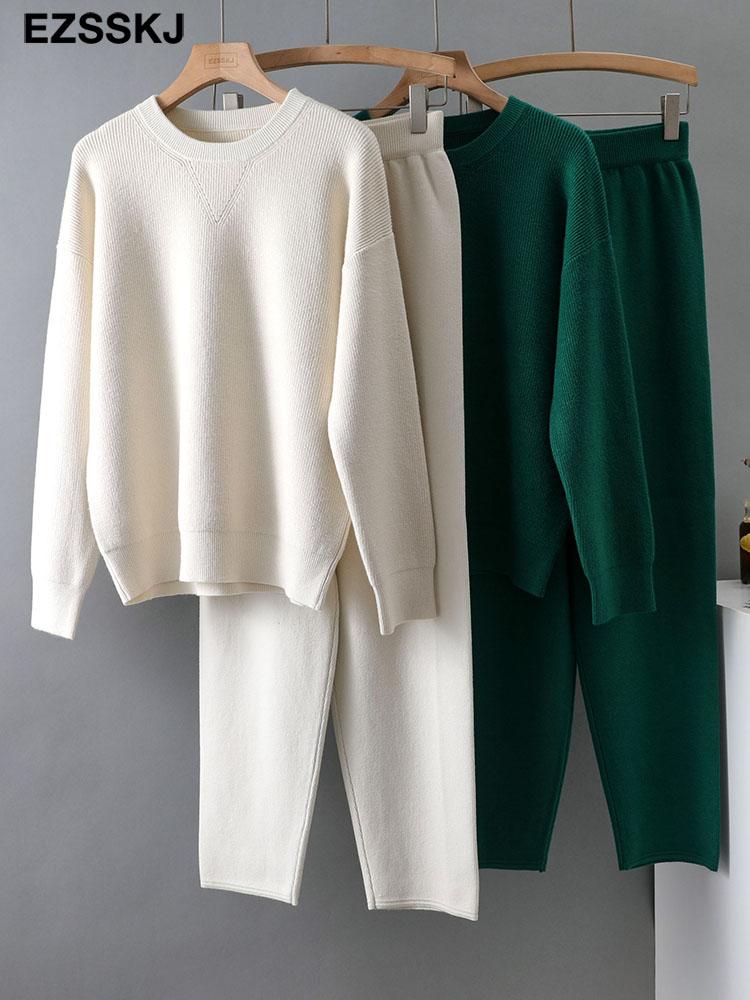 all in one place בגדי נשים EZSSKJ 2 Pieces sweater Set Women Tracksuit o-neck Sweater + loose Trousers CHIC Pullover Sweater+ Knitted  Carrot pants Set