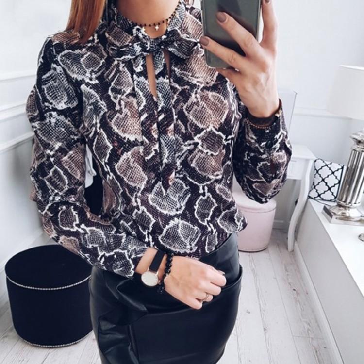 all in one place בגדי נשים 2021 New Women Fashion Tops Female Ladies Serpentine Print Stand Collar Long Sleeve Shirt Blouse Casual Spring Fall Outfits