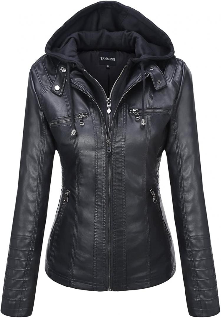all in one place בגדי נשים Tanming Women's Removable Hooded Faux Leather Jackets