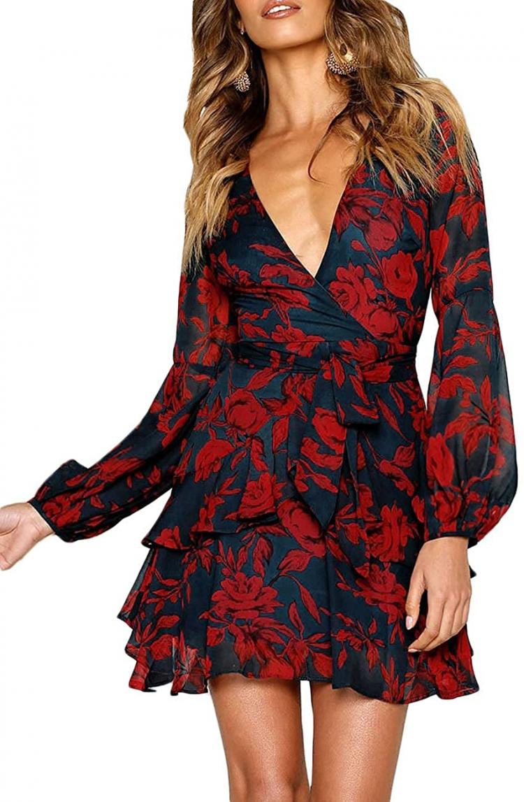 all in one place בגדי נשים UGUEST Women Long Sleeve V Neck Dress Floral Mini Swing Party Wedding Dress with Belt