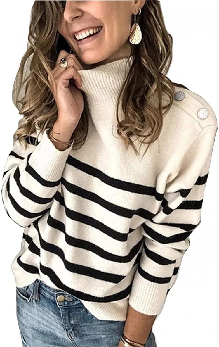 all in one place בגדי נשים KIRUNDO 2021 Winter Women’s Long Sleeves Knit Sweater Turtleneck Striped Print Loose Pullover Tops Deco with Metal Button