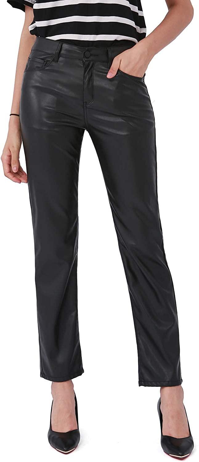 all in one place בגדי נשים Balleay Art Faux Leather Pants for Women, Straight Leg Mid Waist Butt Lift Elastic Black Pants with 5 Pockets