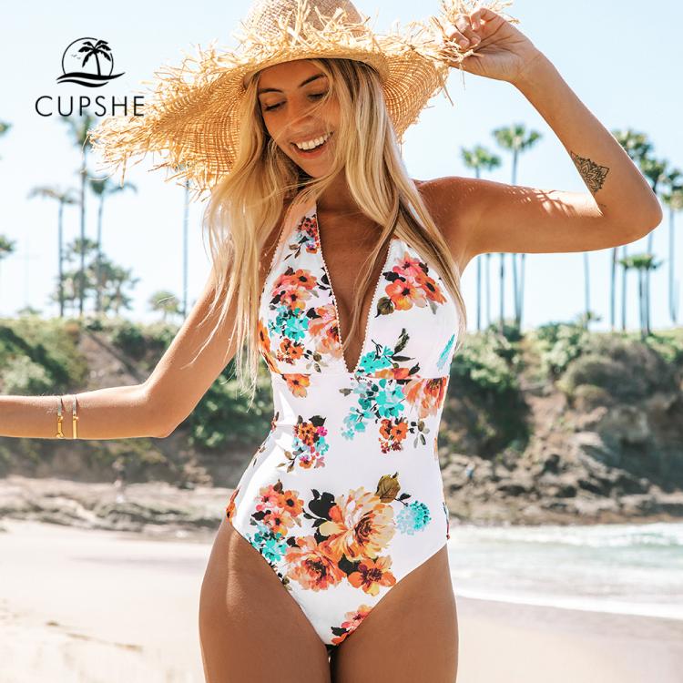 all in one place בגדי נשים CUPSHE Tie Waist Floral One-piece Swimsuit Women Sexy Backless Halter Monokini Swimwear 2021 New Girl Beach Bathing Suits