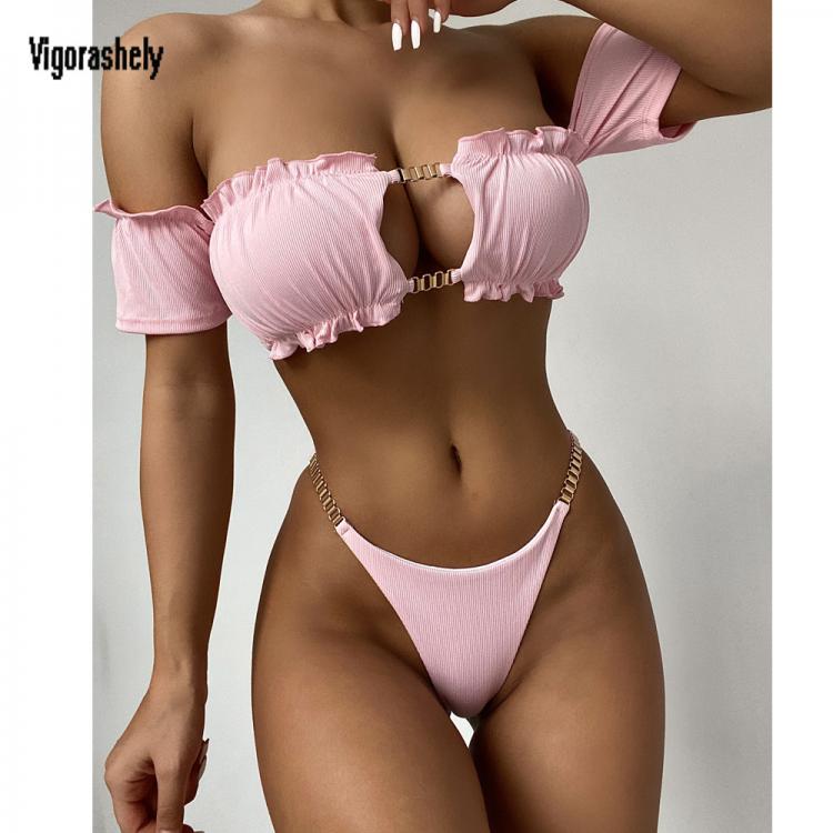all in one place בגדי נשים Vigorashely Sexy Off Shoulder Bikini 2021 Short Sleeve Swimsuit Women Bandeau Swimwear Ruffle Push UP Bikinis Bathing Suit Swim