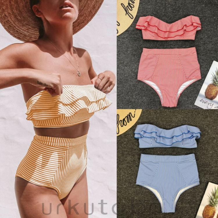 all in one place בגדי נשים Sexy Strapless Tube Bikini Set Women Red Yellow Blue Striped Swimwear Women Swimming Suit Ruffle Draped High Waist Swimsuit Lady