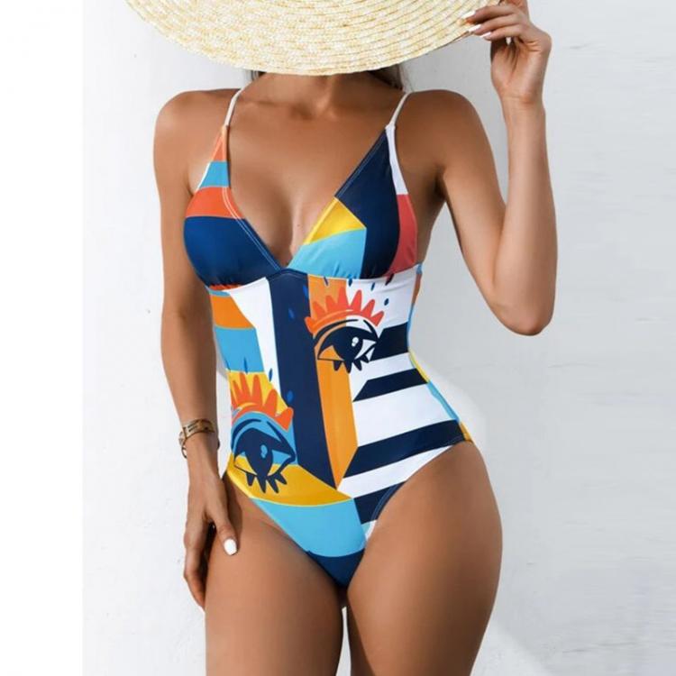 all in one place בגדי נשים New Deep V Demon Blue Eyes Print Bikini Bodysuit One Piece Sling Backless Women Swimsuit Fashion Summer Push Up Beachwear Suit