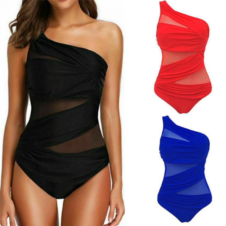all in one place בגדי נשים M-3XL 4XL Plus Size Swimsuits Women One Shoulder Slim Swimwear For Women Mesh Solid Black Red Blue Push Up Padded Bathing Suits