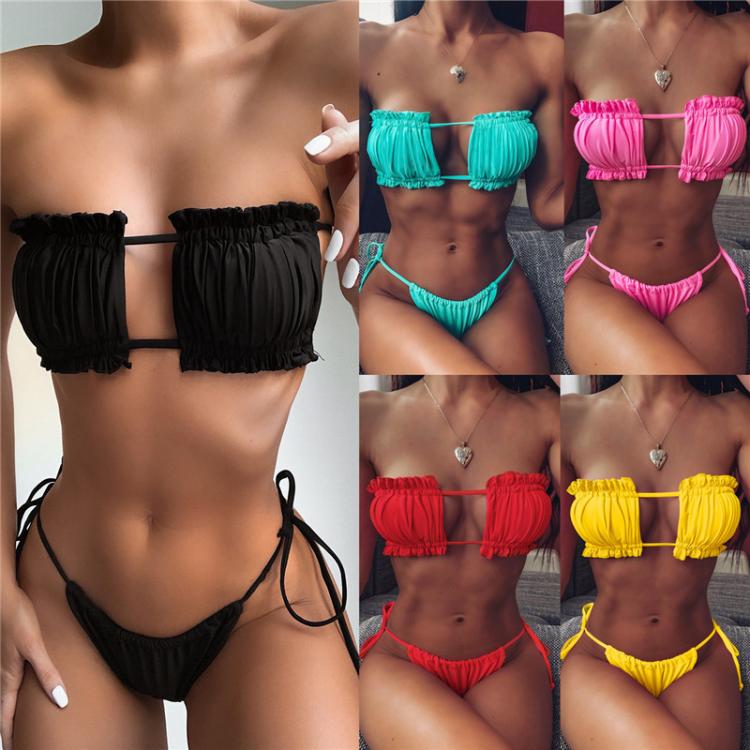 all in one place בגדי נשים 2021 Summer Women Push Up Bikinis Set Solid Strapless Ruffles Bathing Suits For Women Bandage Padded Beach Swimwear