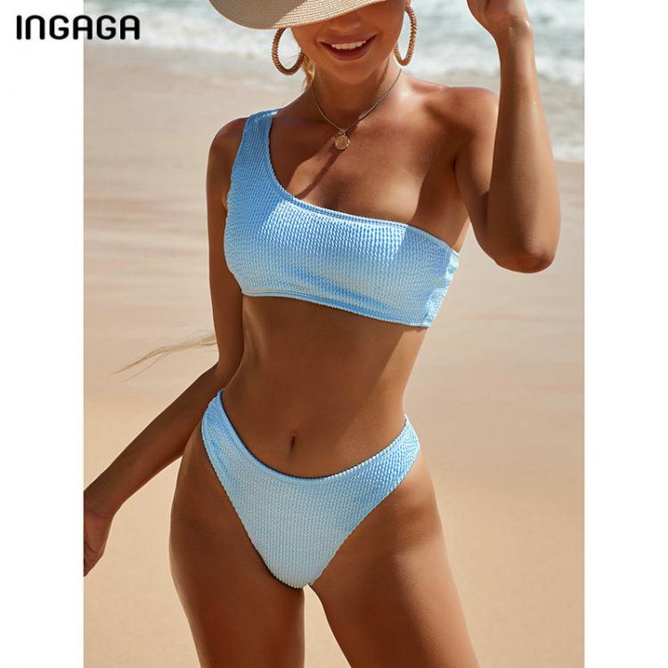 all in one place בגדי נשים INGAGA Sexy Ribbed Bikini Women's Swimsuits One Shoulder Swimwear Women Biquini 2021 Solid Brazilian Bikinis Set Bathing Suit