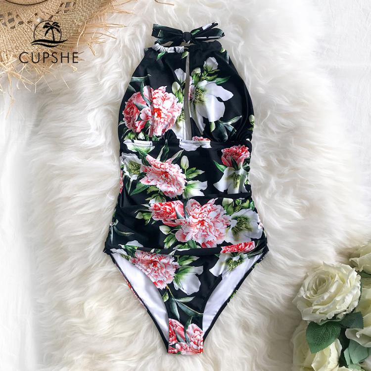 all in one place בגדי נשים CUPSHE Black Floral Halter One-Piece Swimsuit Sexy Cutout Lace Up Open Back Women Monokini 2021 Beach Bathing Suits Swimwear