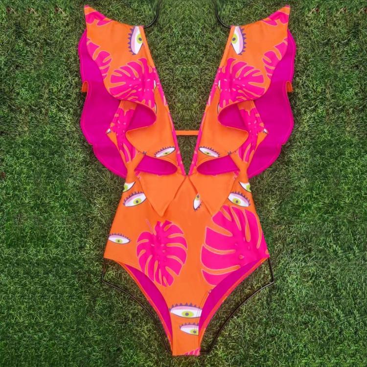 all in one place בגדי נשים One Piece Swimsuit 2021 Sexy Eyes print Swimwear Women Shoulder Ruffle Bathing Suit Beachwear V-Neck Swimsuit Swim