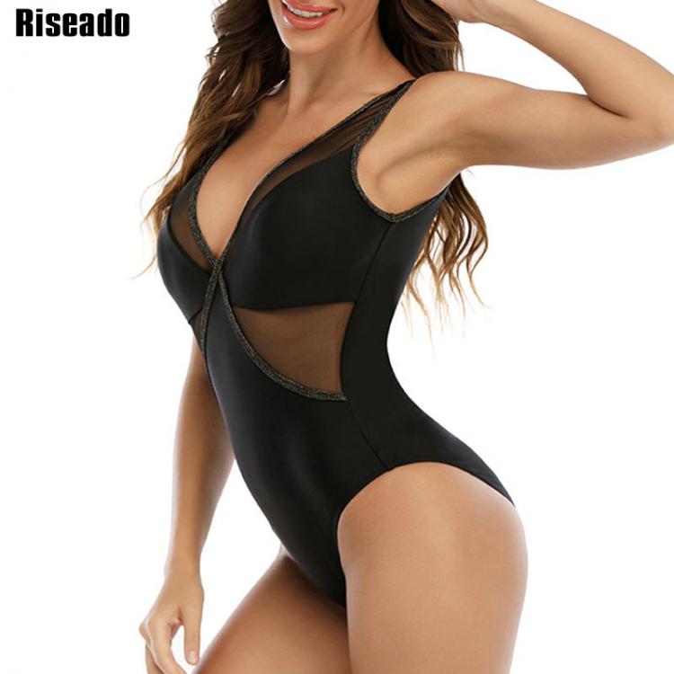 all in one place בגדי נשים Riseado Sexy Mesh One Piece Swimsuit V-neck Swimwear Women 2021 Patchwork Bodysuit Women Bathing Suit Black U-back Beach Wear