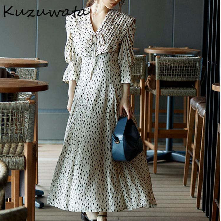 all in one place בגדי נשים Kuzuwata Japanese 2021 Autumn Women Robes Sweet Temperament Vestidos V Neck Puff Sleeve Print High Waist Drawstring Dresses