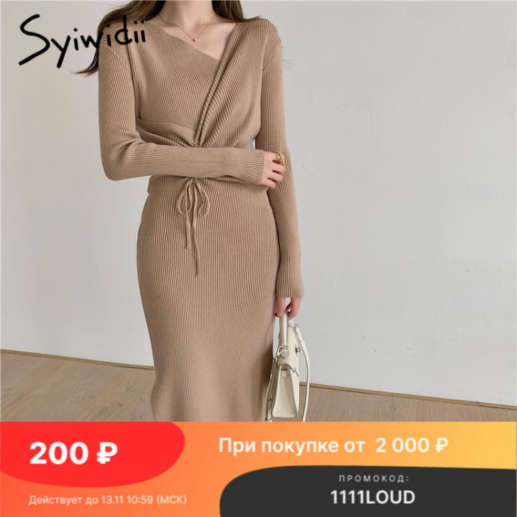 all in one place בגדי נשים Syiwidii Midi Dresses for Women Bandage Black Sheath Off The Shoulder V-Neck 2021 Shirring Clothes Fall Vintage Bodycon Dress