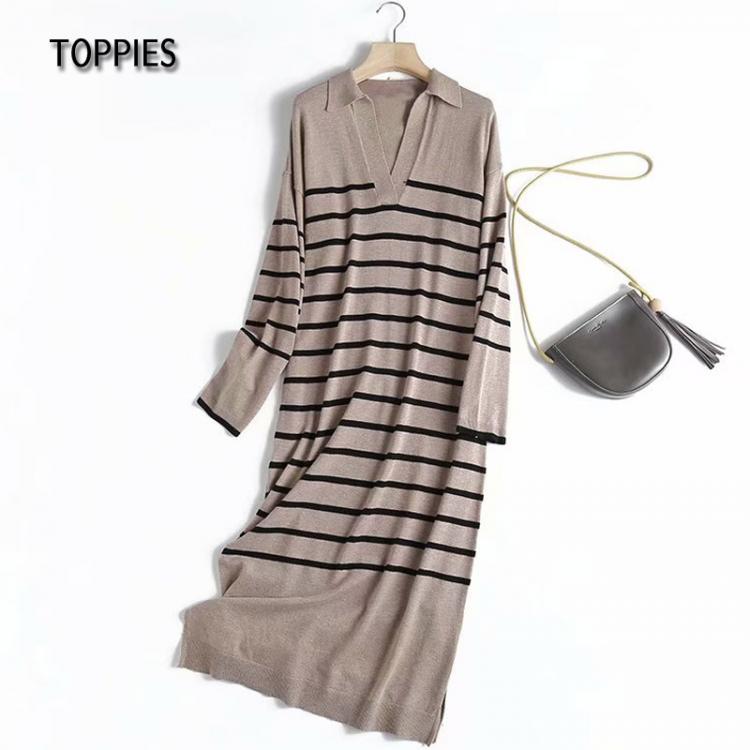 all in one place בגדי נשים Toppies 2021 Winter Lapel Sweater Dress Women Long Sleeve Knitted Striped Midi Dresses Side Split