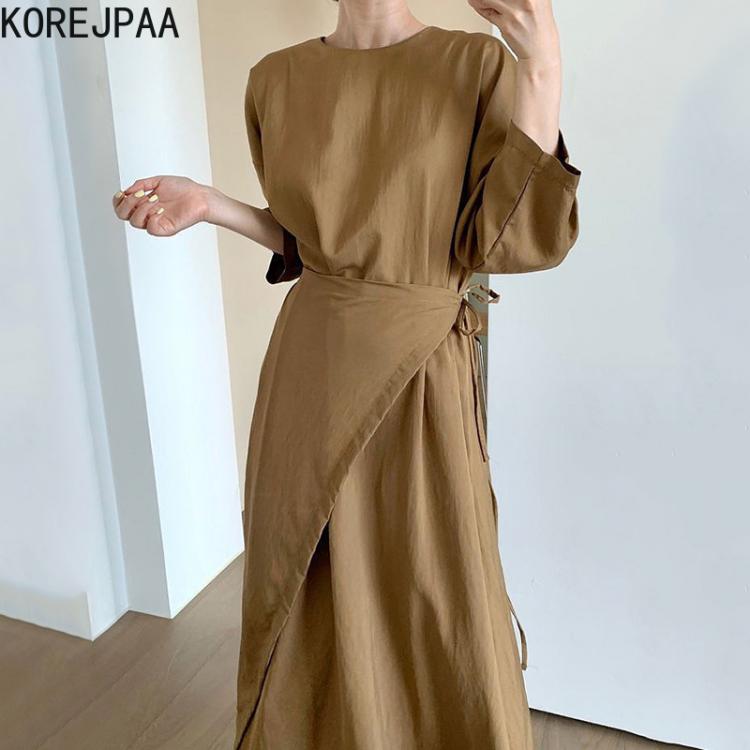 all in one place בגדי נשים Korejpaa Women Dress 2021 Korean Fashion Early Autumn Retro Temperament O Neck Apron-style Lace-up Waist Long-sleeved Vestidos