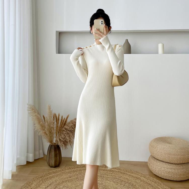 all in one place בגדי נשים Winter Buttons O-neck Female Knitted Dress Women Stretch A-Line Sweater Dress Casual Knee-Length Vestidos