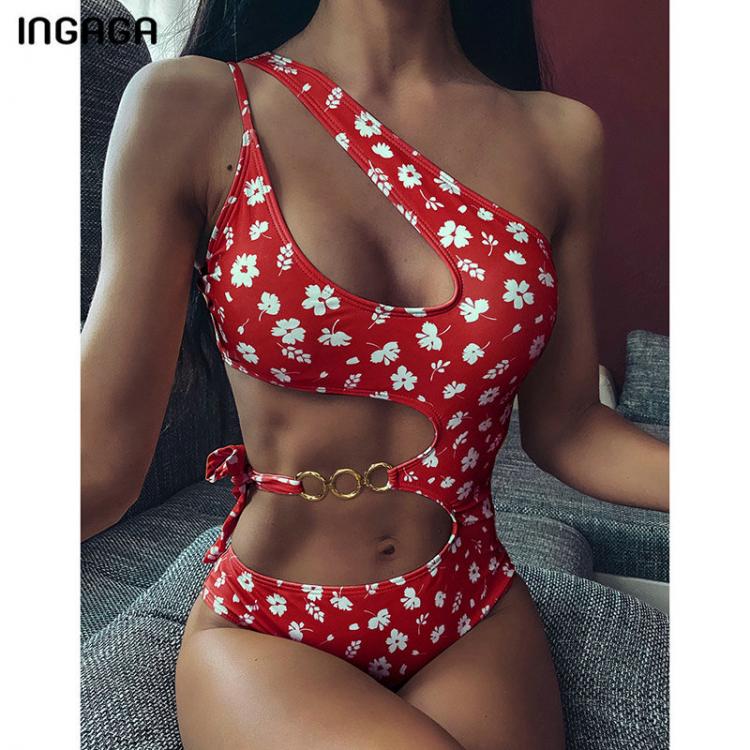 all in one place בגדי נשים INGAGA Cut Out Swimwear Women Swimsuits One Piece 2021 One Shoulder Bathing Suit Metal Ring Monokini New Summer Beachwear