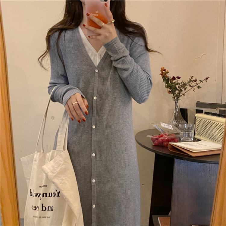 all in one place בגדי נשים Alien Kitty Gentle Grey Knitted Long Sweater Dress V-Neck Slim-Fit Elegant Casual All Match Chic 2021 OL Full Sleeve Patchwork