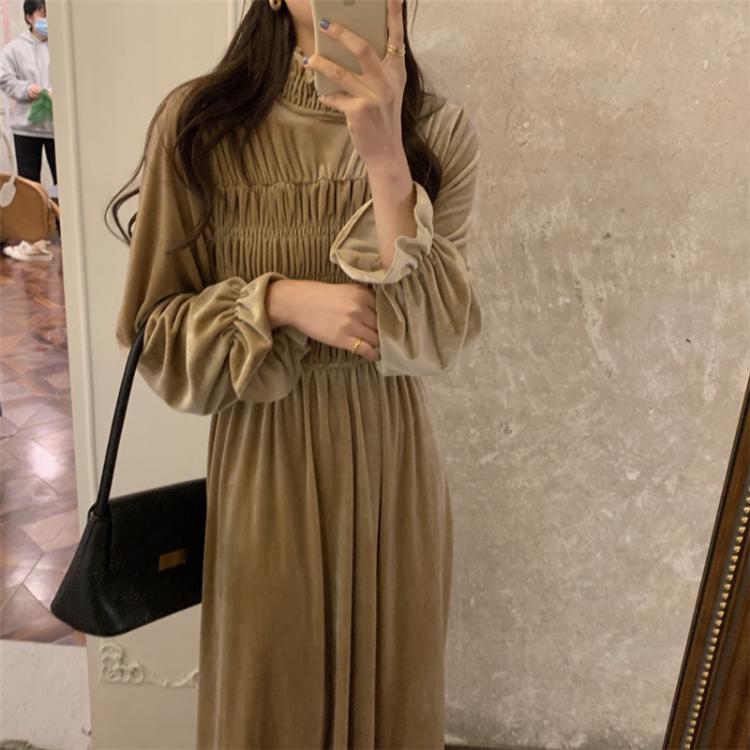 all in one place בגדי נשים HziriP French Turtleneck Shirring Dresses Solid Gentle Mid-Calf Dress 2021 New Autumn All-Match LoosePuff Sleeve Fashion Elegant