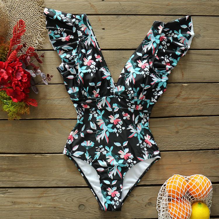 all in one place בגדי נשים Sexy V-Neck One Piece Swimsuit Shoulder Ruffle Swimwear Women Green And Floral Bathing Suit Beachwear Monokini Swim