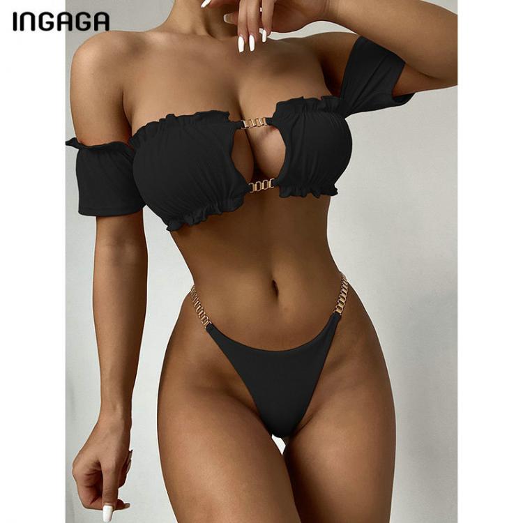 all in one place בגדי נשים INGAGA Ribbed Bikinis Ruffle Women's Swimsuit 2021 Bandeau Swimwear High Cut Biquini Metal Chain Bathing Suits Black Bikini S