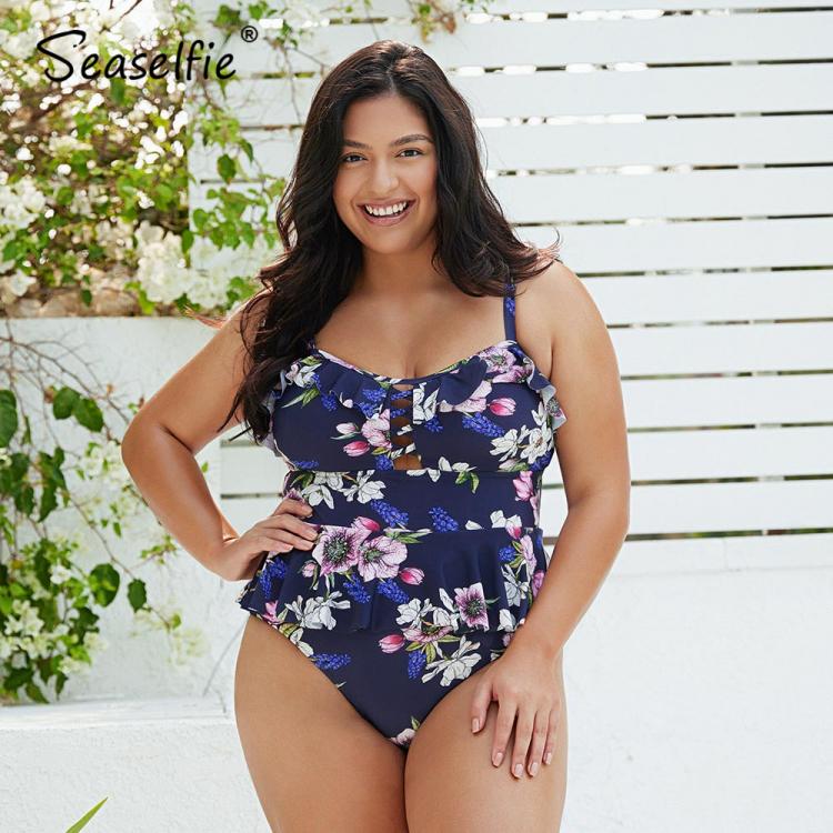 all in one place בגדי נשים SEASELFIE Plus Size Navy Floral Ruffled One Piece Swimsuit Women Large Size Sexy Monokini Bathing Suit 2021 Beach Swimwear